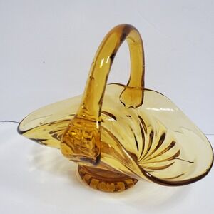 Vintage Amber Glass Swirl Basket Decor Amber  Hand Blown Art Glass